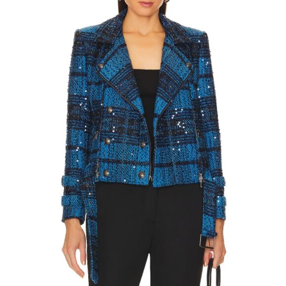 L'Agence 'Billie' Sequin-Embellished Plaid Tweed Jacket, Cobalt Blue/Black - Picture 2 of 5